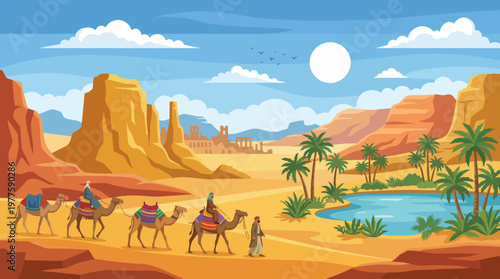 A vivid illustration of camels trekking through a vibrant desert landscape, highlighting the natural beauty of the oasis and the adventure of exploration under the sun.
