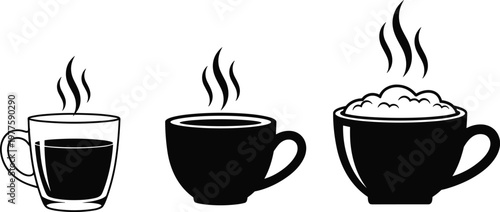 Collection of three steaming coffee cups one glass and two black silhouette cups on transparent background.