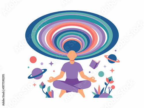 A serene figure meditates beneath swirling cosmic patterns, representing a journey into self-awareness and tranquility amid vibrant colors and celestial elements.