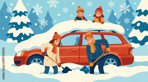 A cheerful family works together to shovel snow around their car stuck in a winter wonderland, highlighting unity and fun in the snowy landscape.