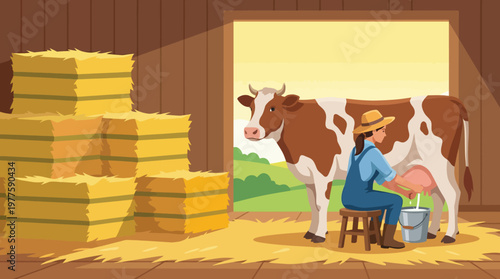 This charming illustration shows a milkmaid peacefully milking a cow in a rustic barn, highlighting farm life and the relationship between humans and animals in agriculture.