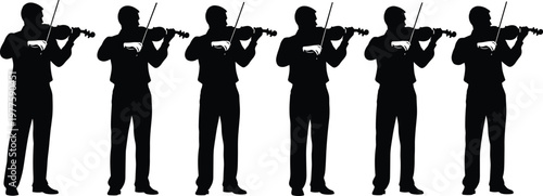 Silhouette musicians playing violin in musical performance.