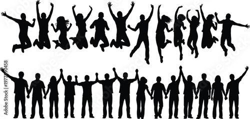 Silhouette group of people jumping and holding hands celebrating.