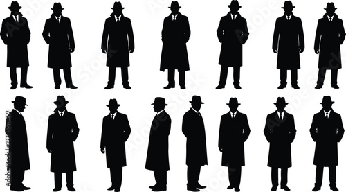 Silhouette men in trench coats and fedora hats, standing and walking.