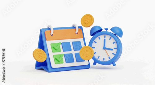 Vector illustration of 3d render of a calendar with checkmarks, alarm clock and gold coins on a transparent background