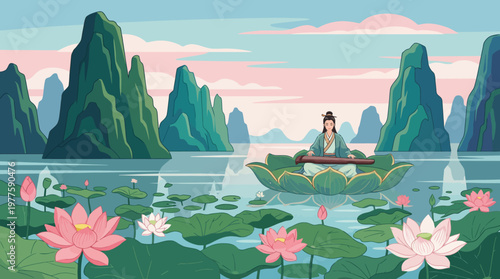 The image depicts a tranquil scene of a figure meditating on a lotus leaf amidst beautiful mountains and blooming flowers, conveying peace, harmony, and nature's beauty.