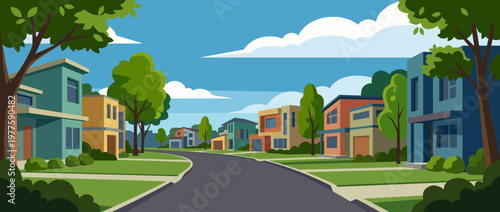 This colorful illustration showcases a peaceful suburban neighborhood with contemporary homes, green trees, and a clear blue sky, emphasizing a sense of community and comfort.