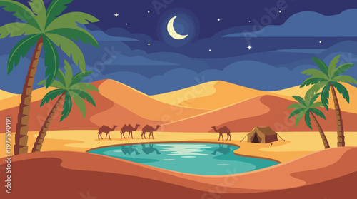 A tranquil desert scene featuring camels walking near a shimmering oasis, surrounded by towering palm trees under a starry night sky. Perfect for nature lovers and travelers.