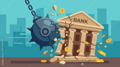 A dramatic image depicting a wrecking ball smashing into a bank, surrounded by flying money and debris, symbolizing financial collapse and economic turmoil in modern society.
