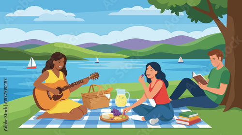 A lively picnic scene on a serene lake, featuring friends enjoying snacks, music, and each other's company, embodying the essence of leisure, friendship, and outdoor fun.