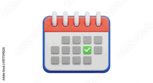 Vector illustration of 3d calendar icon with a green checkmark on a specific date on a transparent background