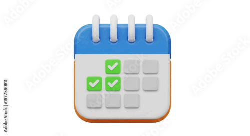 Vector illustration of 3d render of a calendar icon with checkmarks on specific dates on a transparent background