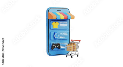 Vector illustration of 3d illustration of an online shopping mobile app with a shopping cart on a transparent background