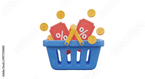 Vector illustration of 3d render of a shopping basket with discount coupons and gold coins on a transparent background