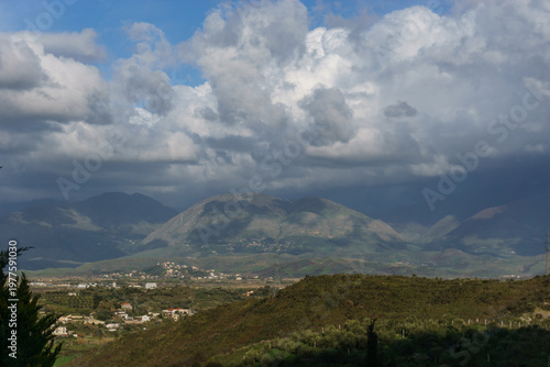Beautiful albanian landscape with mountains and settlement of Finiq in the valley, Finiq, Vlore, Albania