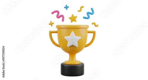 Vector illustration of 3d golden trophy cup with a white star and colorful confetti on a transparent background