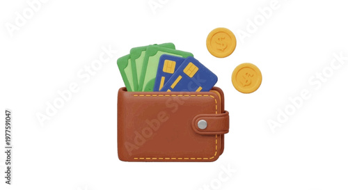 Vector illustration of brown leather wallet with cash and credit cards on a transparent background