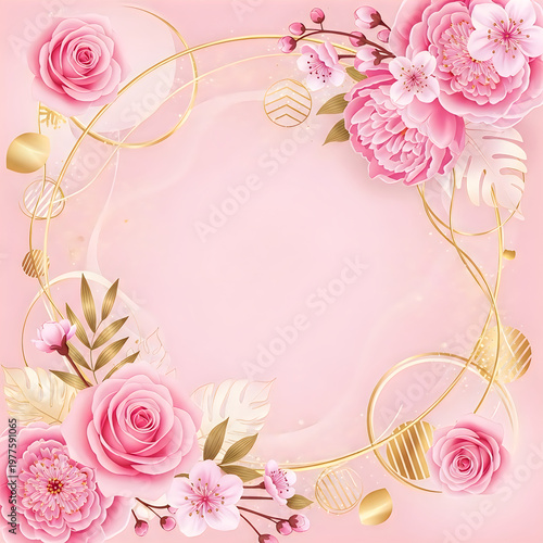 Elegant floral frame with pink roses, cherry blossoms and golden elements