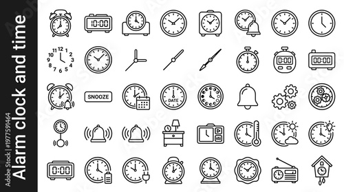 Alarm clock and time line style icons, 40 unique objects including analog alarm clock, digital alarm clock, bedside clock, wall