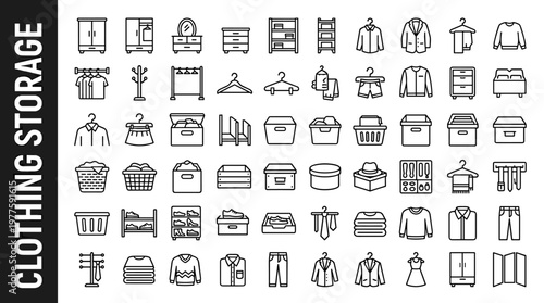 Clothing storage line style icons, 40 unique objects including wardrobe, closet, dresser, chest of drawers, shelving unit, hanging