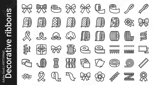 Decorative ribbons line style icons, 40 unique objects including satin ribbon, grosgrain ribbon, velvet ribbon, organza ribbon,