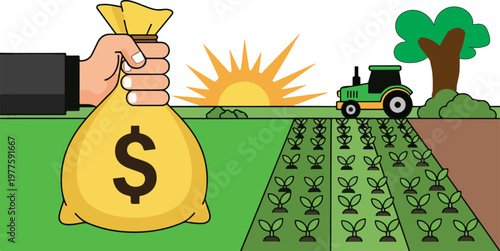 unique Hand Holding Dollar Money Bag Over Cultivated Farm Field | Agricultural Investment and Agribusiness Profit Concept, 2d flat vector illustration