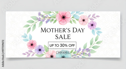 Mothers day sale banner with watercolor floral wreath frame