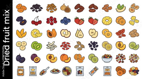 Dried fruit mix line style icons, 40 unique objects including dried apricots, raisins, sultanas, dried figs, dried dates, prunes,