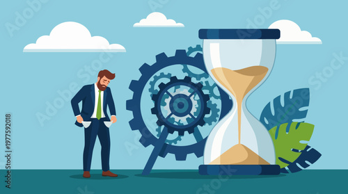 An illustration of a businessman with empty pockets standing by an hourglass symbolizes the struggle against time and financial challenges in today's fast-paced economic environment.