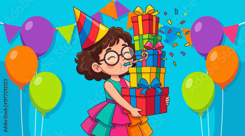 A joyful child is celebrating their birthday with multiple colorful gifts, wearing a festive hat and surrounded by playful decorations and balloons to enhance the atmosphere.