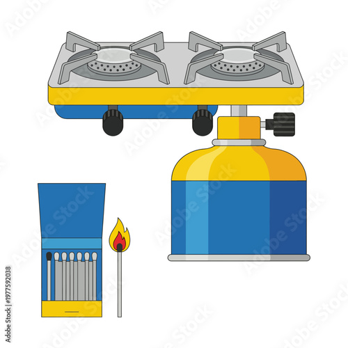 A portable stove accompanied by a propane canister and matches, ideal for outdoor cooking adventures, camping trips, and outdoor gatherings with friends and family.