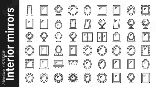 Interior mirrors line style icons, 40 unique objects including full-length mirror, wall mirror, vanity mirror, round mirror, oval