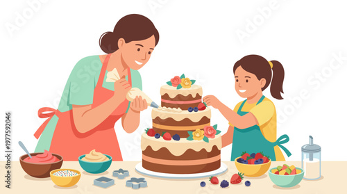 A warm, friendly scene illustrating a mother and daughter joyfully decorating a three-tier cake together, emphasizing love, creativity, and quality family time.