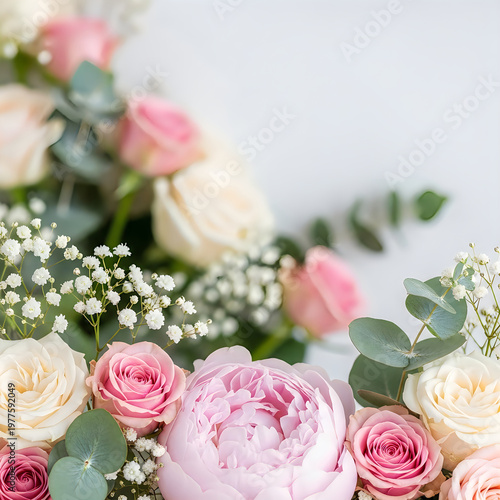 Beautiful floral arrangement with pink and cream roses and peonies