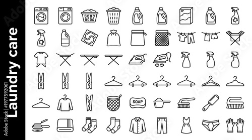 Laundry care line style icons, 40 unique objects including washing machine, dryer, laundry basket, hamper, laundry detergent