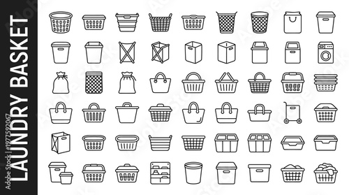 Laundry basket line style icons, 40 unique objects including round laundry basket, rectangular laundry basket, collapsible laundry