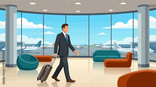 A businessman dressed in a suit is walking through a modern airport lounge, symbolizing travel, professionalism, and the excitement of journeying to new destinations.