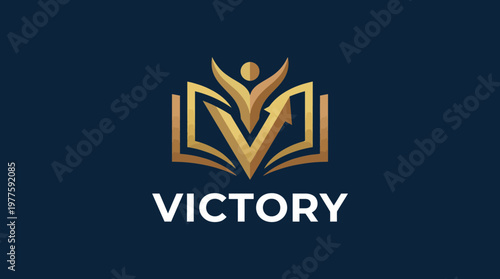 A stylized logo that combines the concept of victory with a figure and an open book, symbolizing achievement, progress, and the knowledge that leads to success and growth.