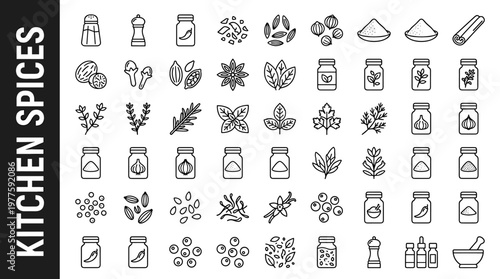 Kitchen spices line style icons, 40 unique objects including salt shaker, pepper grinder, paprika jar, chili flakes, cumin seeds,