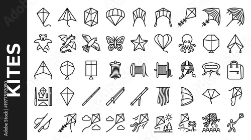 Kites line style icons, 40 unique objects including diamond kite, delta kite, box kite, parafoil kite, stunt kite, sport kite,