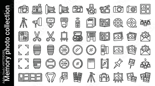 Memory photo collection line style icons, 40 unique objects including camera, polaroid, photo frame, selfie stick, smartphone,