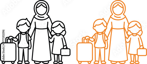 Family traveling with luggage in contrasting illustration styles