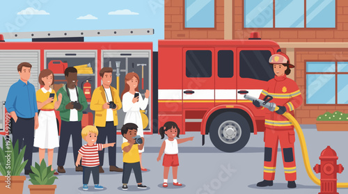 A firefighter engages with a group of excited children outside a fire truck, emphasizing community spirit, safety education, and the role of public services in nurturing youth.