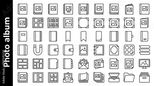 Photo album line style icons, 40 unique objects including hardcover photo album, softcover photo album, spiral-bound album,
