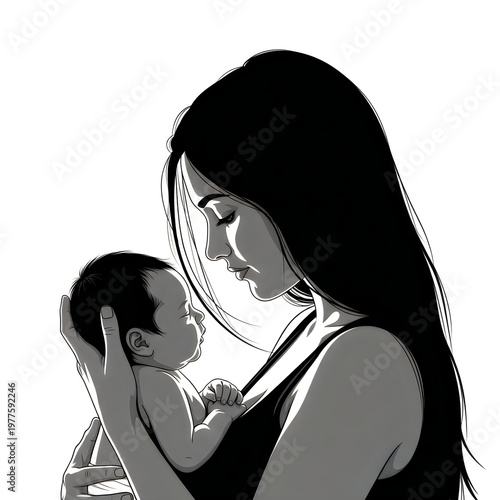 Mother holding her newborn baby, tender moment of love isolated on white background
