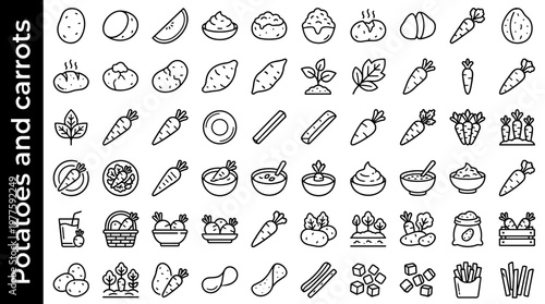Potatoes and carrots line style icons, 40 unique objects including whole potato, potato slice, potato wedge, mashed potato, baked