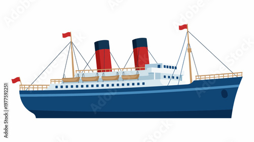 This illustration showcases a classic ocean liner ship featuring striking red smokestacks, capturing a timeless essence of maritime adventure and exploration.