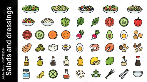 Collection of fresh ingredients and dressings for healthy salads