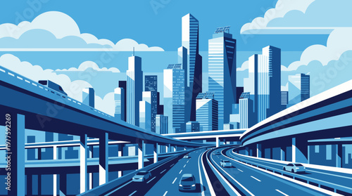 This digital art piece features a stunning blue urban skyline with highways, illustrating modern city life and infrastructure as a reflection of human progress and innovation.