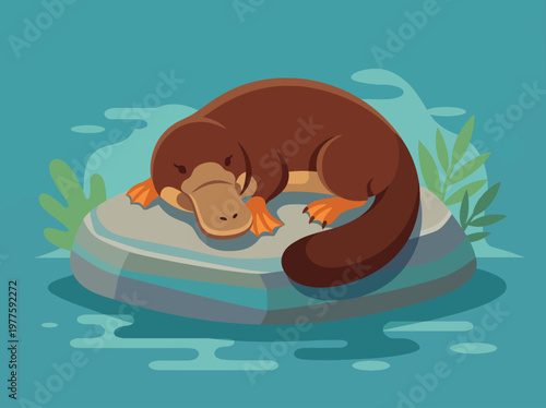 This playful illustration features a cartoonish platypus lounging on a rock, symbolizing relaxation and the uniqueness of nature in a whimsical and colorful style.